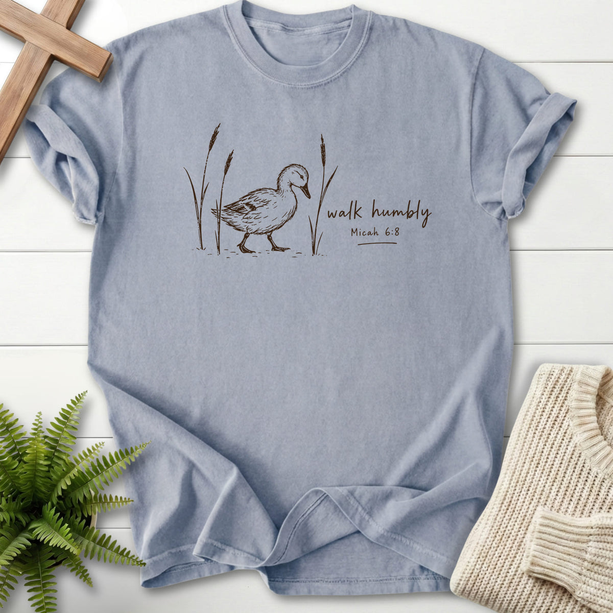 Flat lay of a Granite Comfort Colors 1717 garment-dyed Christian tee featuring "Walk Humbly Duck Micah 6:8 T-Shirt" Micah 6:8.