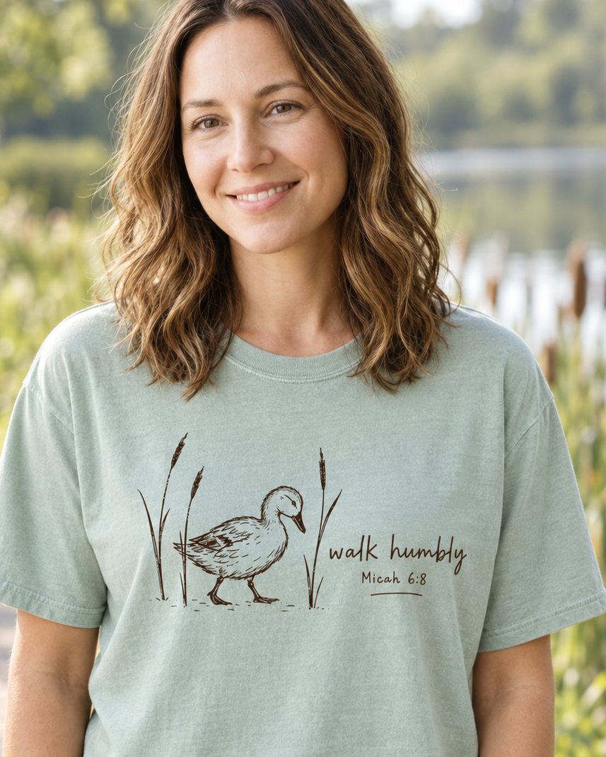 Walk Humbly Duck Micah 6:8 – Bay women's Christian tee, lifestyle photo in lakeside setting – Sketched duck walking among cattails with Walk Humbly script – Micah 6:8 – She Wears Faith