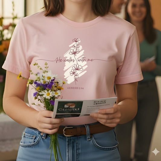 Woman holding flowers and church bulletin wearing a Comfort Colors 1717 blossom “He Walks With Me – Genesis 5:24” t-shirt. A soft women’s scripture tee — beautiful faith-based apparel for women and heartfelt modern Christian shirt, ideal Christian mom gift idea.