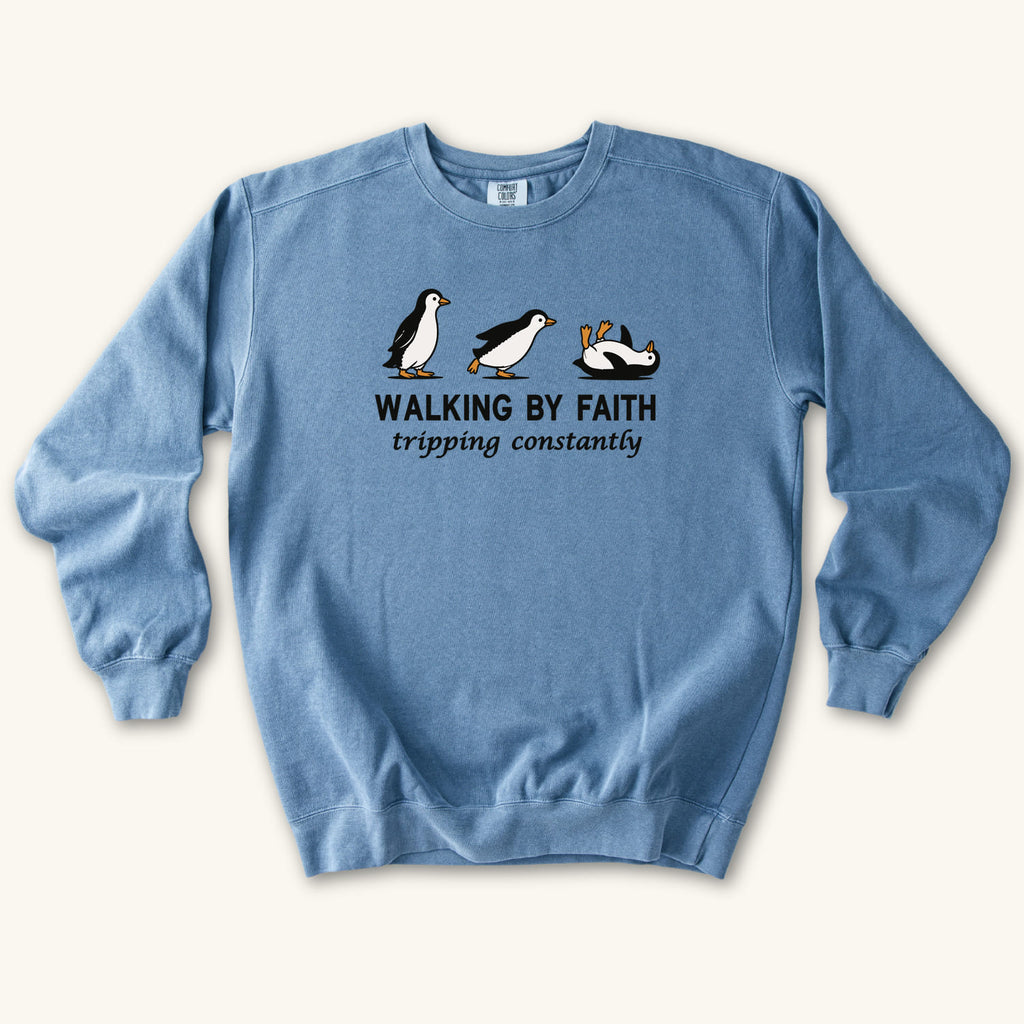 Blue Jean Walking By Faith sweatshirt flat lay mockup, Christian apparel for women