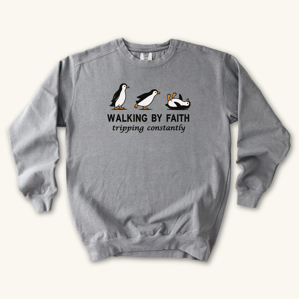 Grey Walking By Faith sweatshirt flat lay mockup, Christian apparel for women