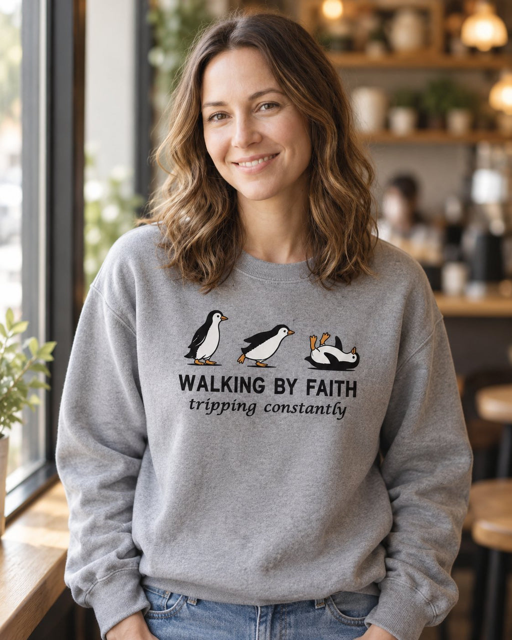 Walking By Faith – Grey women's Christian sweatshirt, lifestyle photo in cozy café – Three penguins with WALKING BY FAITH tripping constantly – She Wears Faith