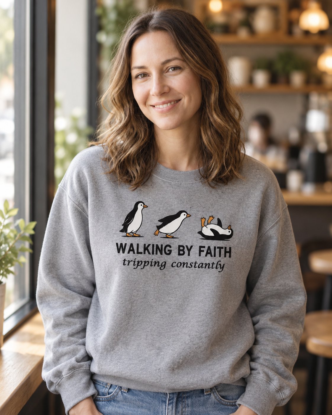 Walking By Faith – Grey women's Christian sweatshirt, lifestyle photo in cozy café – Three penguins with WALKING BY FAITH tripping constantly – She Wears Faith