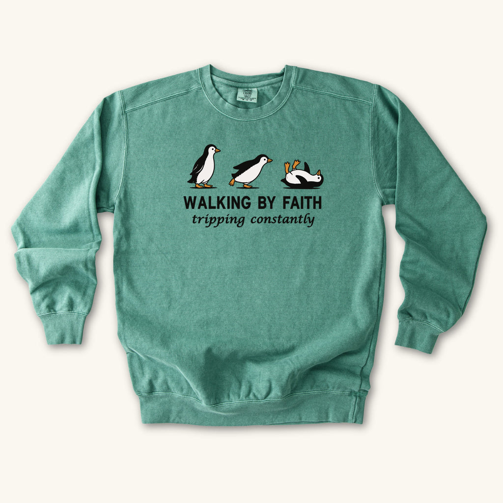 Light Green Walking By Faith sweatshirt flat lay mockup, Christian apparel for women