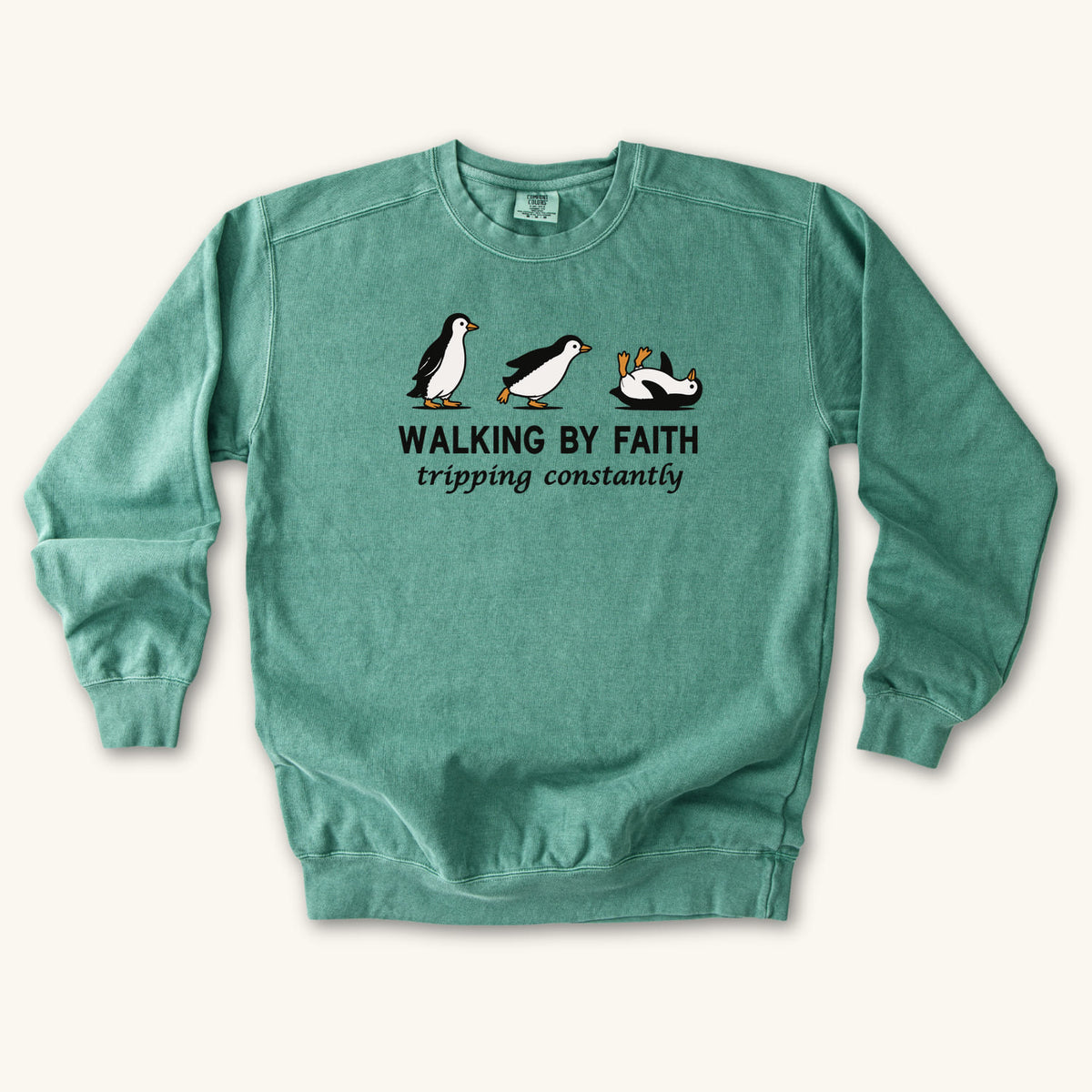Light Green Walking By Faith sweatshirt flat lay mockup, Christian apparel for women