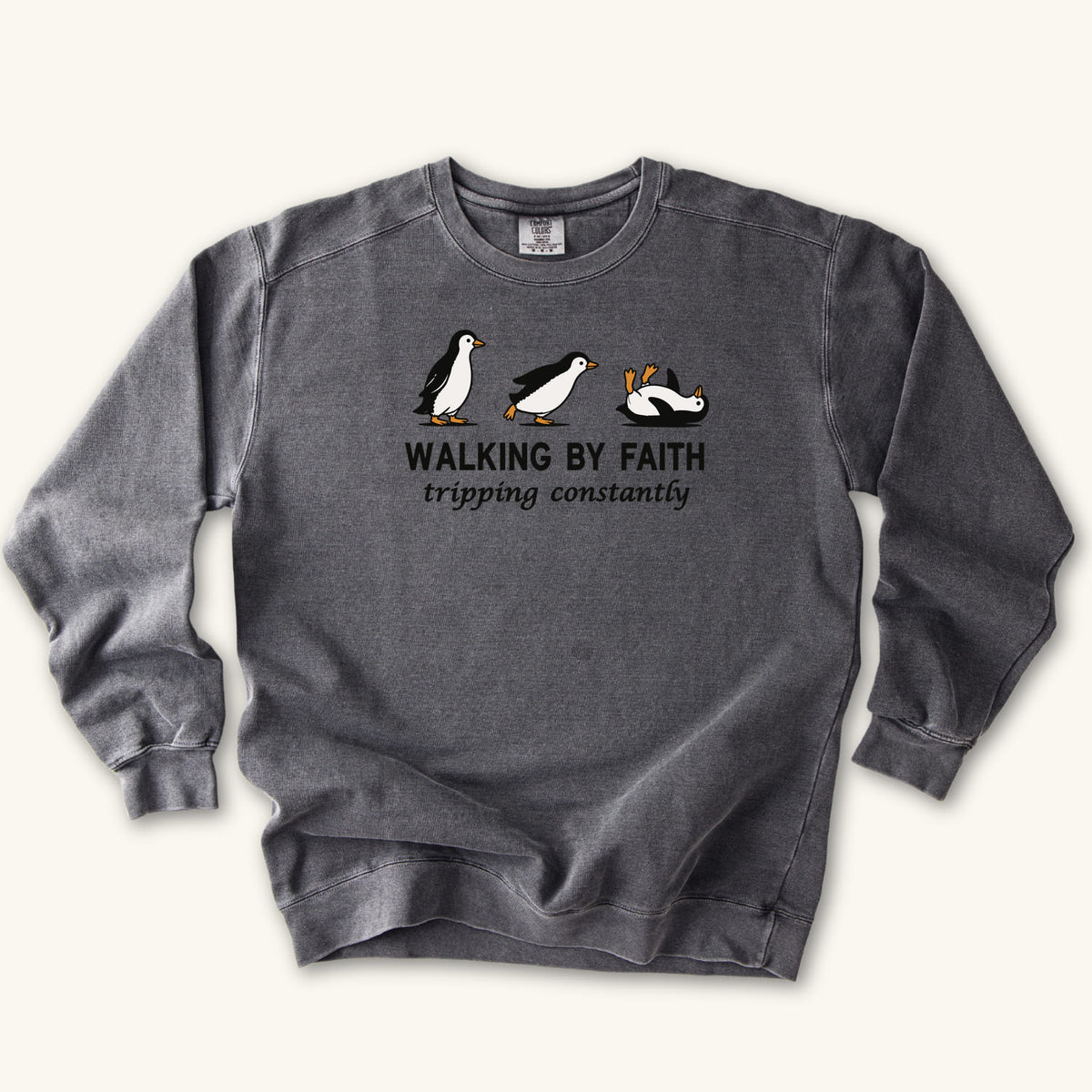 Pepper Walking By Faith sweatshirt flat lay mockup, Christian apparel for women
