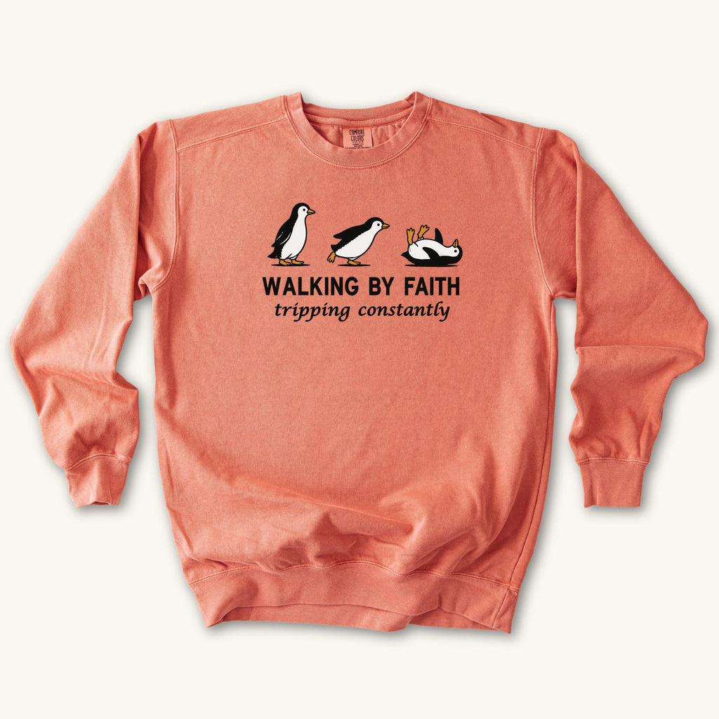 Terracotta Walking By Faith sweatshirt flat lay mockup, Christian apparel for women