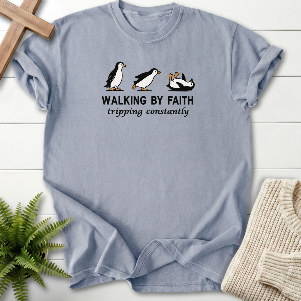 Granite color option for the Walking By Faith tee with "Walking BY Faith T-Shirt" design from Printify.