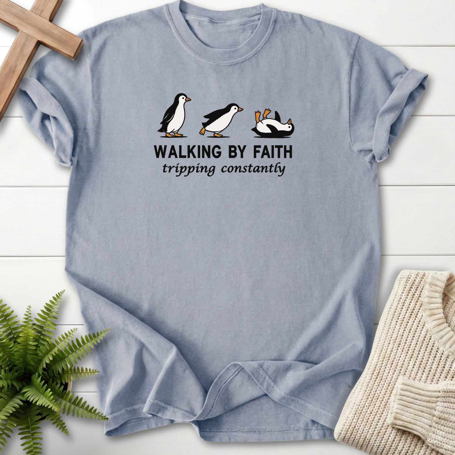 Granite color option for the Walking By Faith tee with "Walking BY Faith T-Shirt" design from Printify.