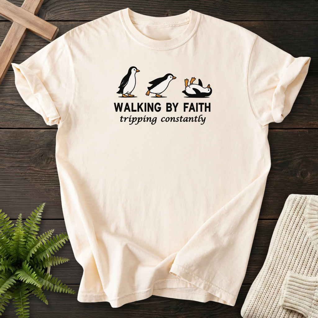 Flat lay of an Ivory Comfort Colors 1717 garment-dyed Christian tee featuring "Walking BY Faith T-Shirt" design.