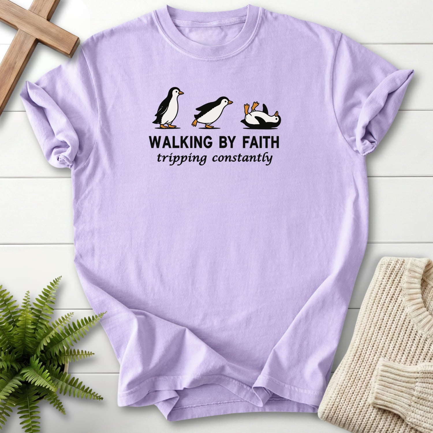 Orchid color option for the Walking By Faith women's Christian tee with "Walking BY Faith T-Shirt" design.