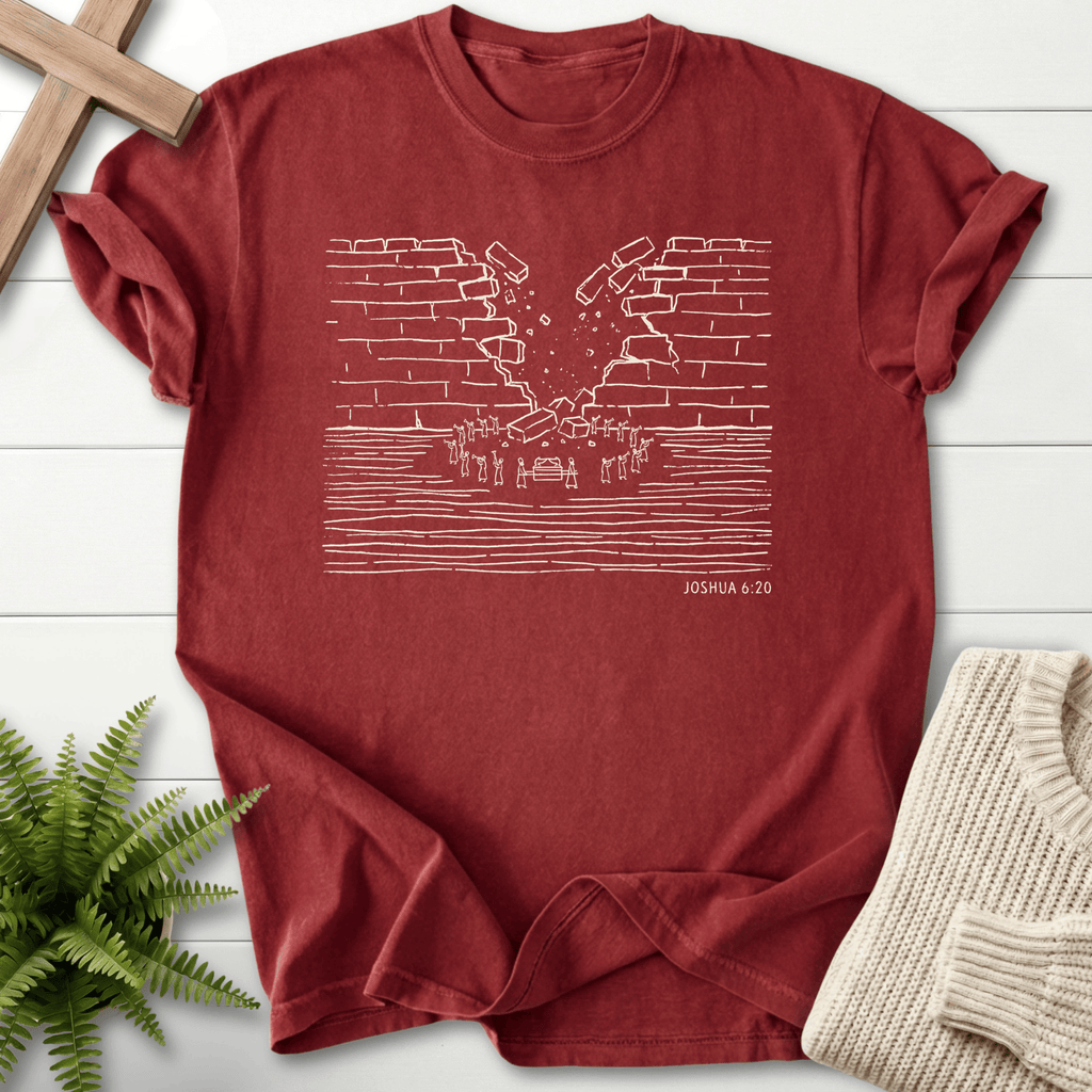 Brick Christian t-shirt for women with gold Walls of Jericho crumbling illustration, inspired by Joshua 6:20.