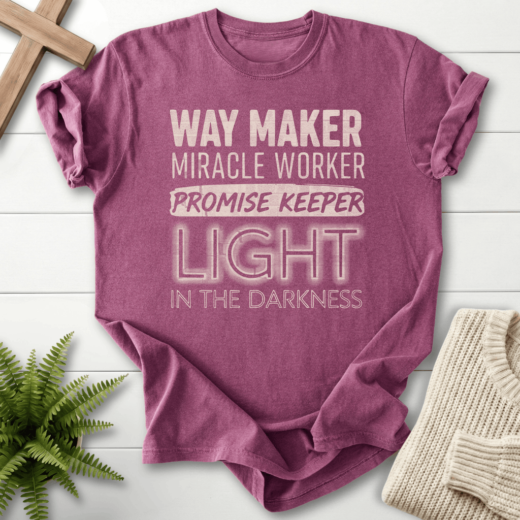 Berry Christian t-shirt for women with grunge Waymaker Miracle Worker lettering.