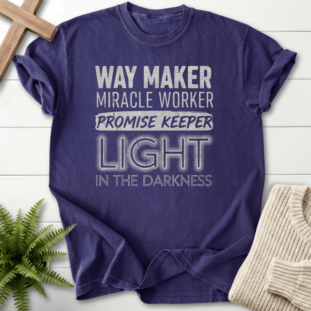 Grape Christian t-shirt for women with Waymaker Miracle Worker Promise Keeper bold text.