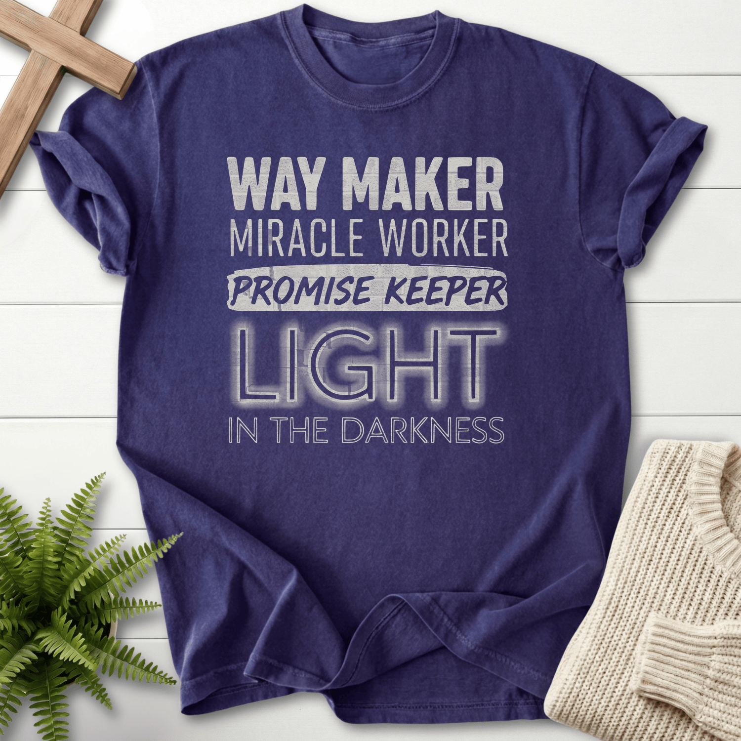 Grape Christian t-shirt for women with Waymaker Miracle Worker Promise Keeper bold text.