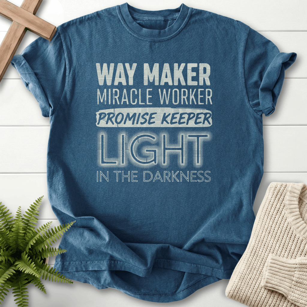 Midnight Bible verse tee with bold Waymaker Miracle Worker Promise Keeper distressed text, Comfort Colors 1717.