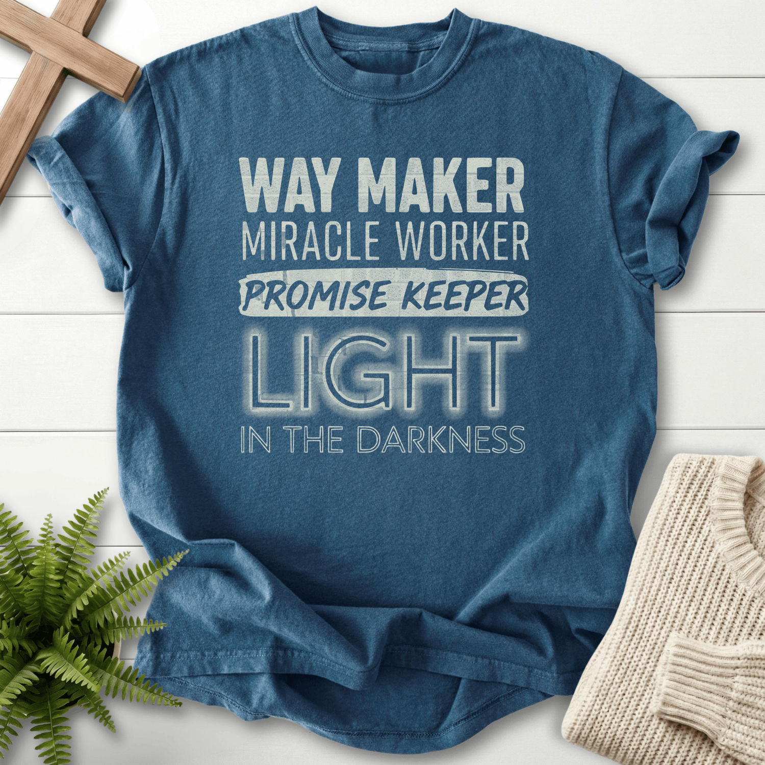 Midnight Bible verse tee with bold Waymaker Miracle Worker Promise Keeper distressed text, Comfort Colors 1717.