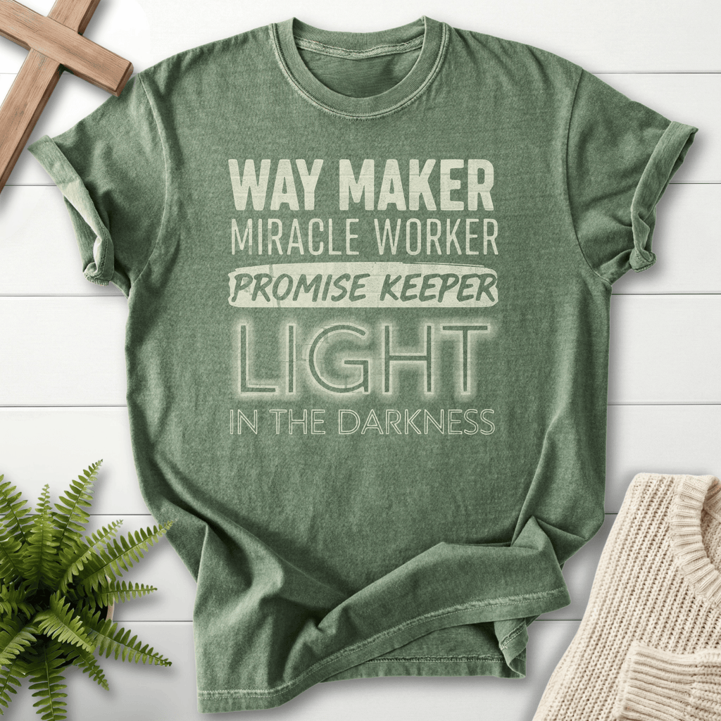Moss faith-based tee with bold distressed Waymaker Miracle Worker Promise Keeper text.