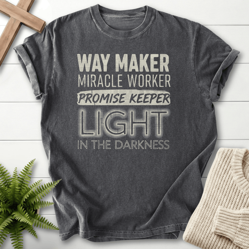 Pepper Christian t-shirt for women with grunge Way Maker Miracle Worker Promise Keeper lettering.