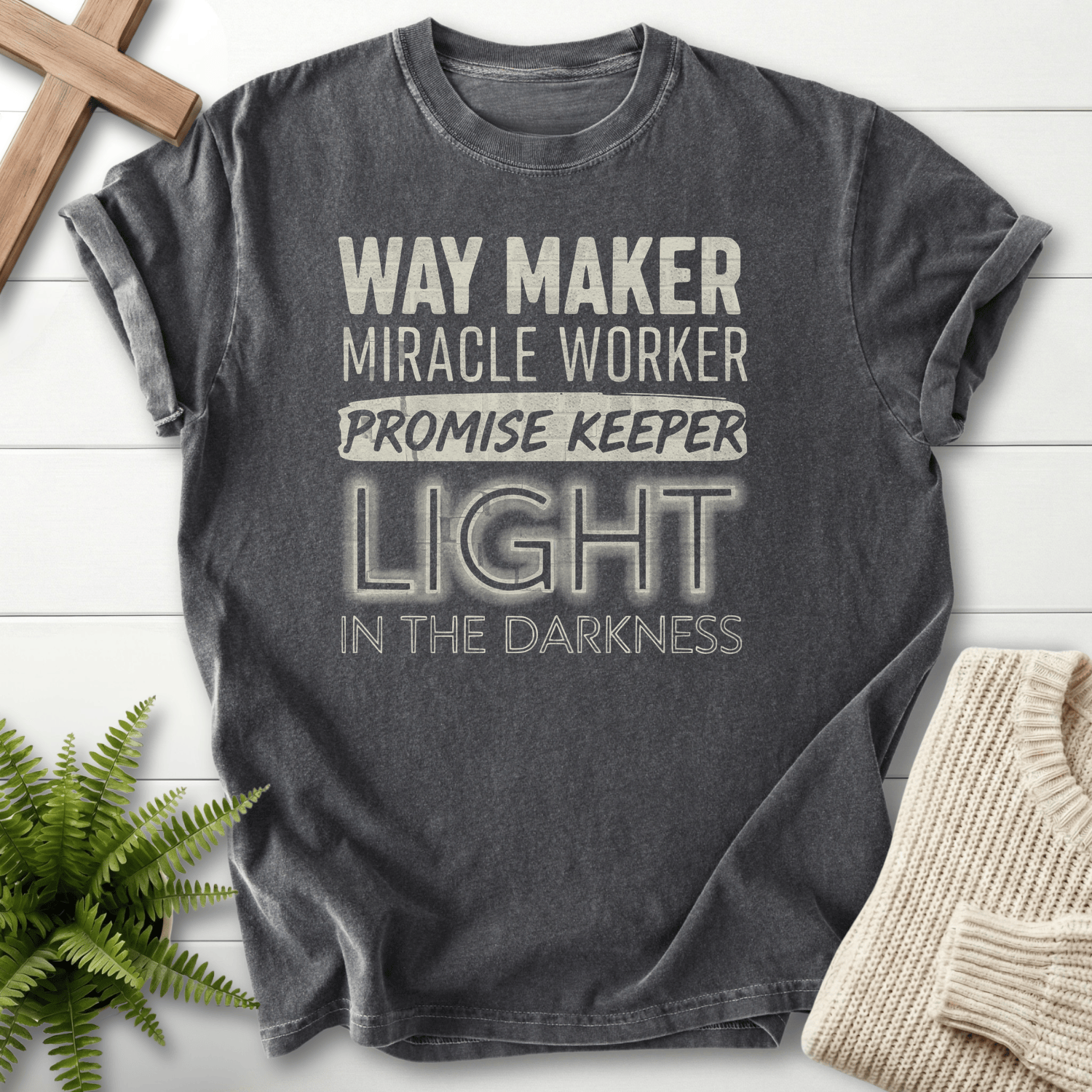 Pepper Christian t-shirt for women with grunge Way Maker Miracle Worker Promise Keeper lettering.