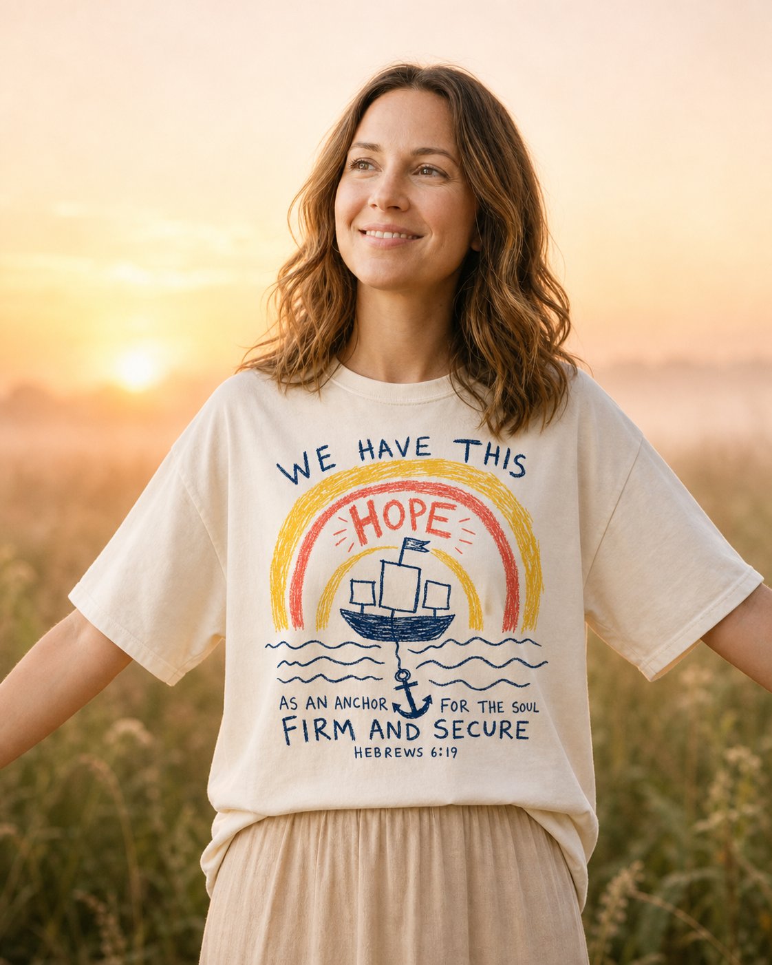 We Have This Hope – Ivory women's Christian tee, lifestyle photo in wildflower meadow at sunrise – Childlike crayon rainbow sailboat and anchor drawing – Hebrews 6:19 – She Wears Faith