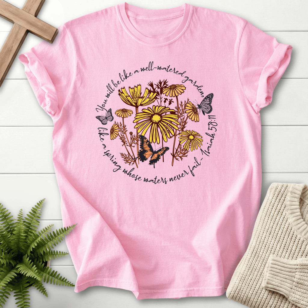 Blossom Christian t-shirt for women with a daisy and butterfly botanical circle, inspired by Isaiah 58:11.