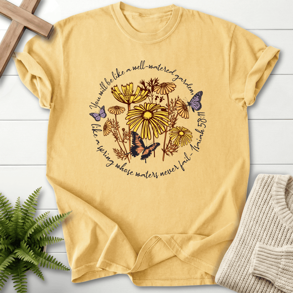 Butter Christian t-shirt for women with a botanical wildflower circle, inspired by Isaiah 58:11.