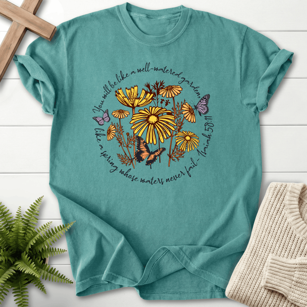 Chalky Mint faith-based tee with a Well-Watered Garden floral wreath, inspired by Isaiah 58:11.