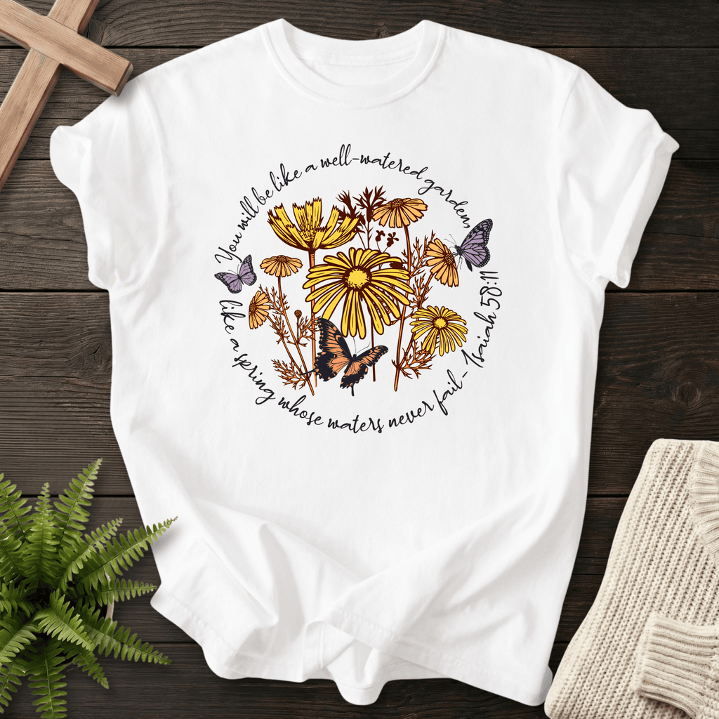 White Christian t-shirt for women with a butterfly and daisy motif, inspired by Isaiah 58:11.