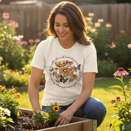 Woman gardening outdoors while wearing an ivory Comfort Colors 1717 T-shirt with the floral and butterfly Isaiah 58:11 design. She is smiling while planting flowers with sunlight in the background.