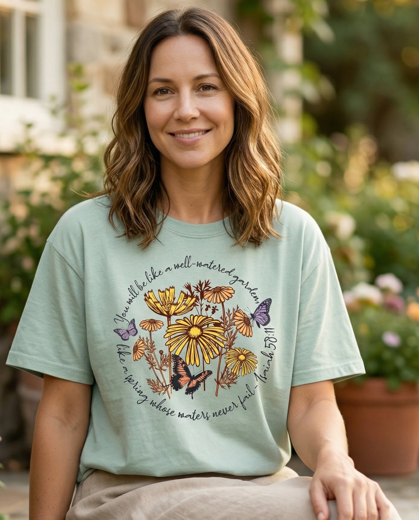 Well-Watered Garden Isaiah 58:11 – Bay women's Christian tee, lifestyle photo in cottage doorway – Circular botanical illustration with wildflowers – Isaiah 58:11 – She Wears Faith