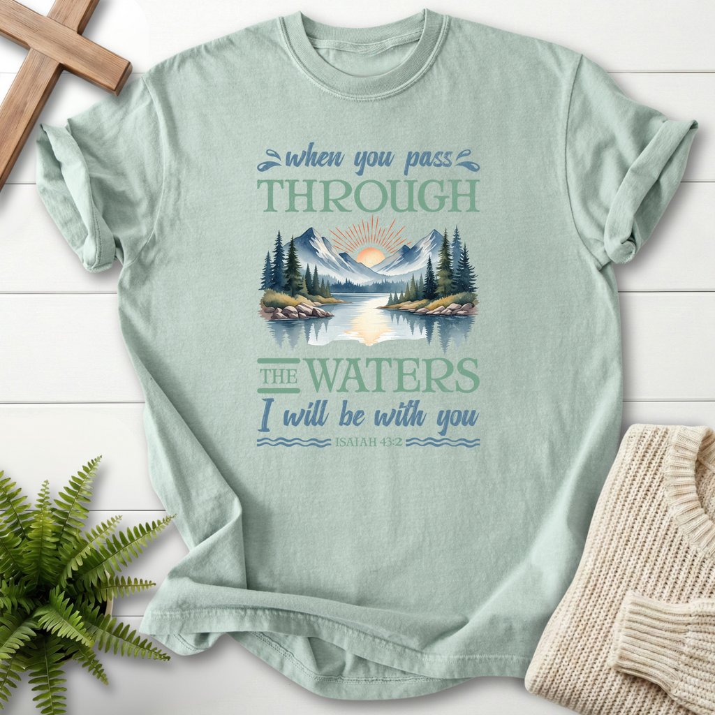 Bay Christian t-shirt for women with a mountain lake sunrise graphic, inspired by Isaiah 43:2.