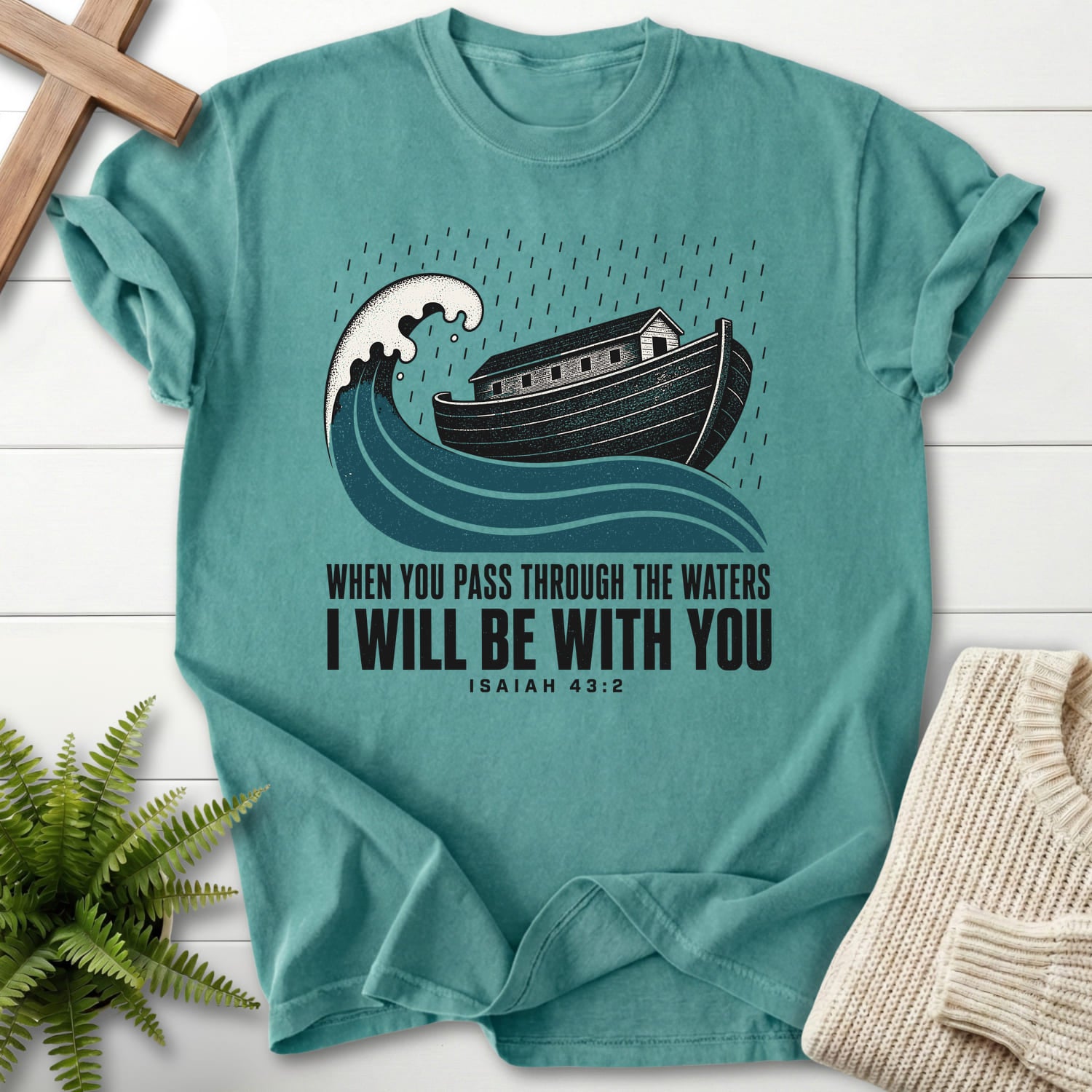Chalky Mint color option for the When You Pass Through The Waters women's Christian tee with "When You Pass Through The Waters T-Shirt" Isaiah 43:2.