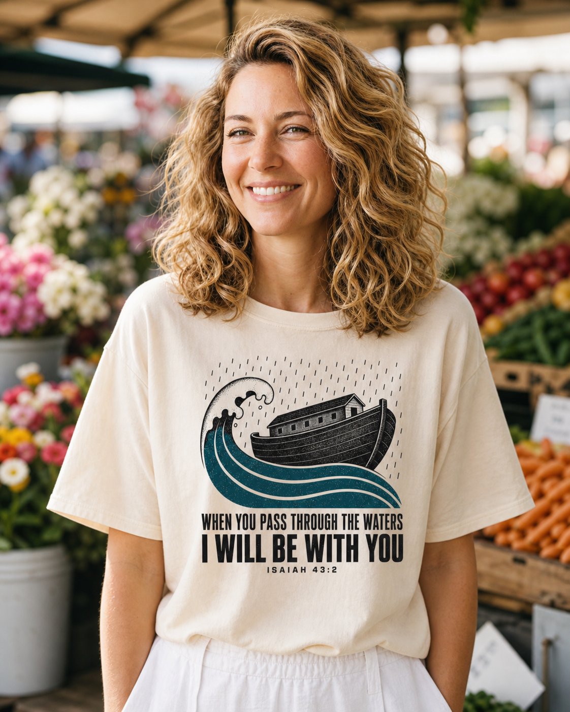 When You Pass Through The Waters – Ivory women's Christian tee, lifestyle photo in farmers market – Woodcut ark riding a teal wave in falling rain – Isaiah 43:2 – She Wears Faith