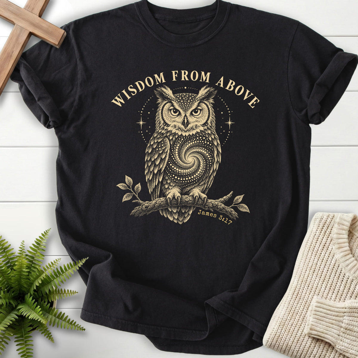 Black Wisdom From Above Owl T-shirt flat lay mockup, James 3:17 Christian apparel for women