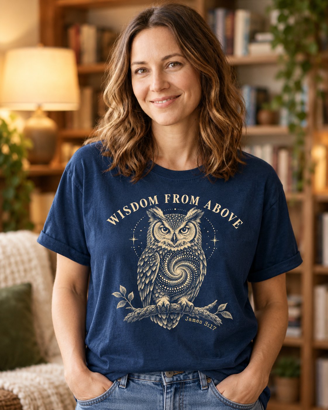 Wisdom From Above Owl, Navy women's Christian tee, lifestyle photo in cozy reading nook, engraved owl on a branch with WISDOM FROM ABOVE, James 3:17, She Wears Faith