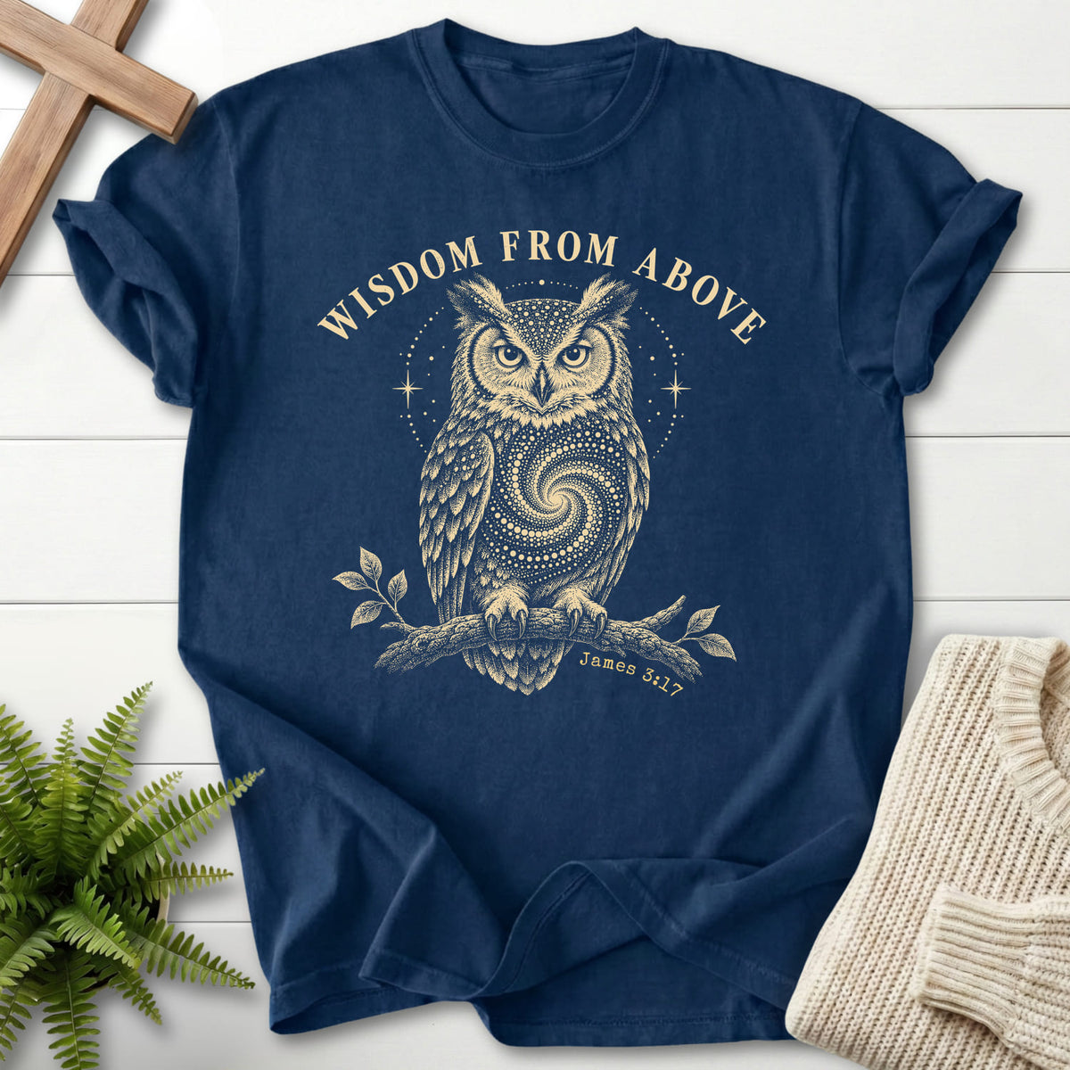 Navy Wisdom From Above Owl T-shirt flat lay mockup, James 3:17 Christian apparel for women
