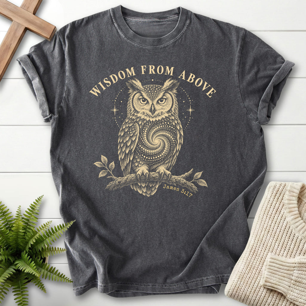 Pepper Wisdom From Above Owl T-shirt flat lay mockup, James 3:17 Christian apparel for women