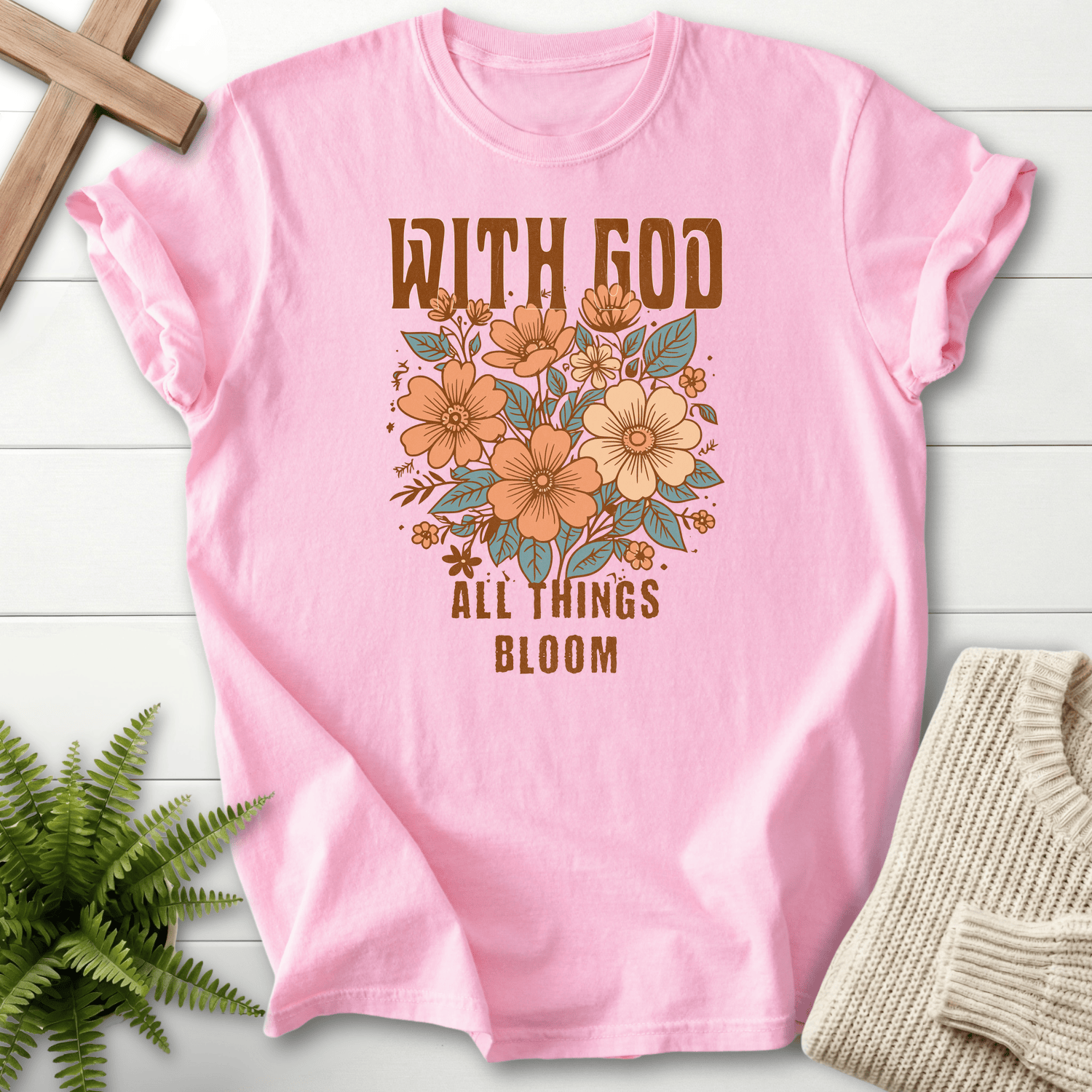 Blossom Christian t-shirt for women with a retro botanical bouquet and With God All Things Bloom design.