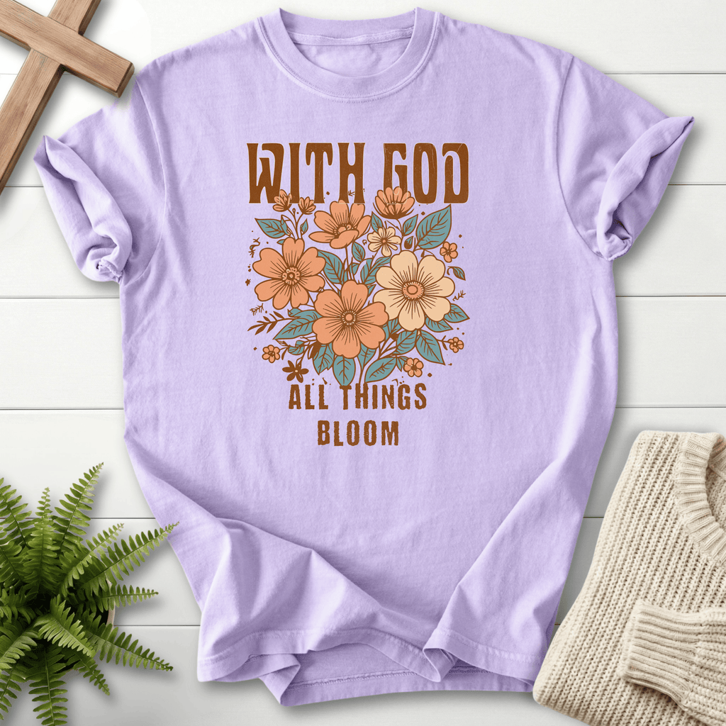 Orchid Christian t-shirt for women with a retro wildflower bouquet and With God All Things Bloom text.