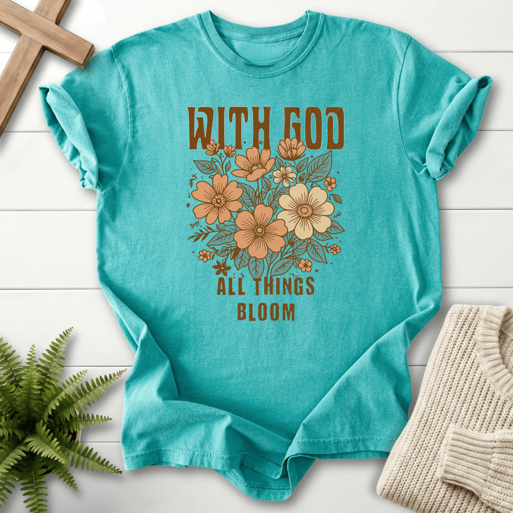 Seafoam Christian t-shirt for women with a retro floral bouquet and With God All Things Bloom lettering.