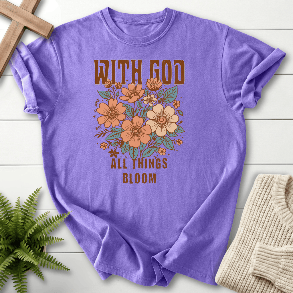 Violet Christian t-shirt for women with an earthy floral bouquet and bold bloom lettering.