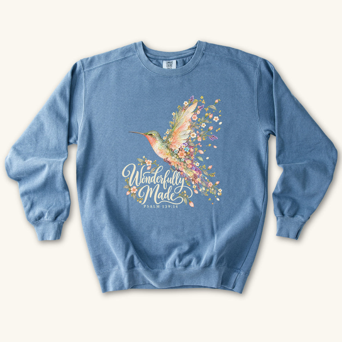 Blue Jean Wonderfully Made Hummingbird sweatshirt flat lay mockup, Psalm 139:14 Christian apparel for women