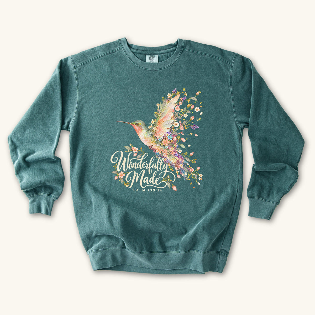 Blue Spruce Wonderfully Made Hummingbird sweatshirt flat lay mockup, Psalm 139:14 Christian apparel for women