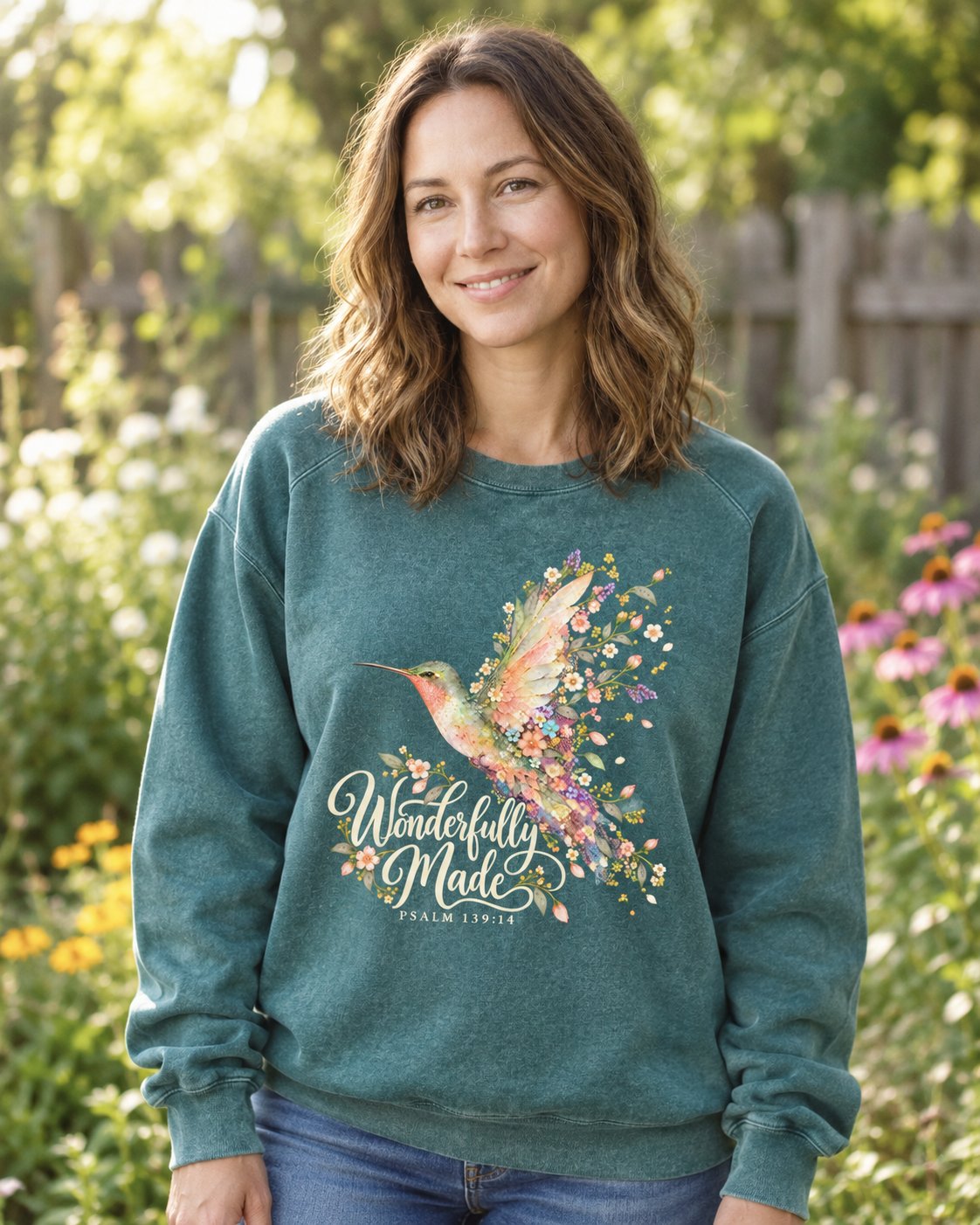 Wonderfully Made Hummingbird, Blue Spruce women's Christian sweatshirt, lifestyle photo in outdoor garden, Floral watercolor hummingbird with Wonderfully Made script, She Wears Faith