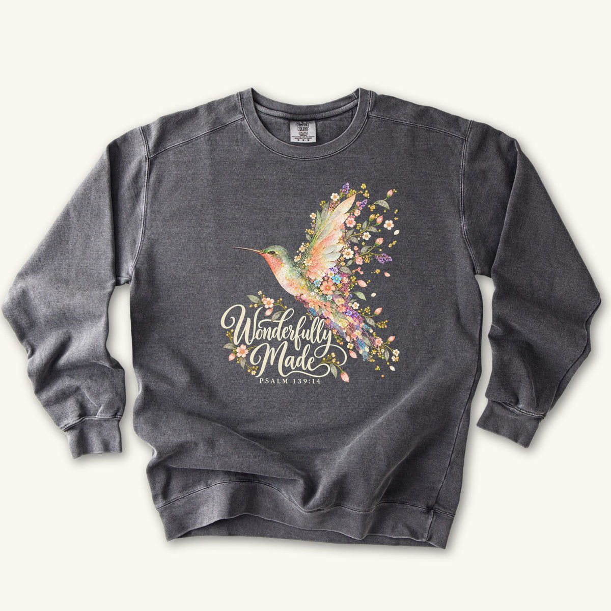 Pepper Wonderfully Made Hummingbird sweatshirt flat lay mockup, Psalm 139:14 Christian apparel for women