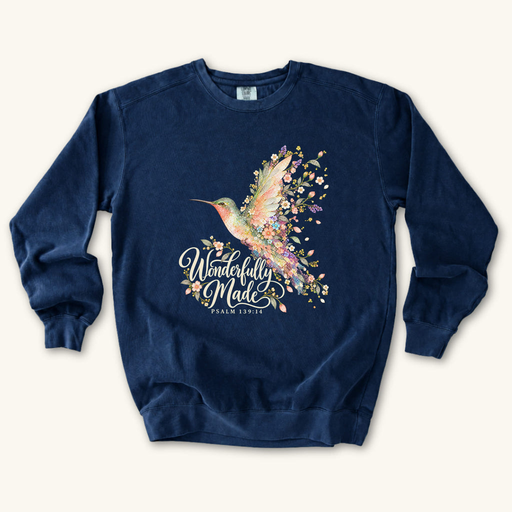 True Navy Wonderfully Made Hummingbird sweatshirt flat lay mockup, Psalm 139:14 Christian apparel for women