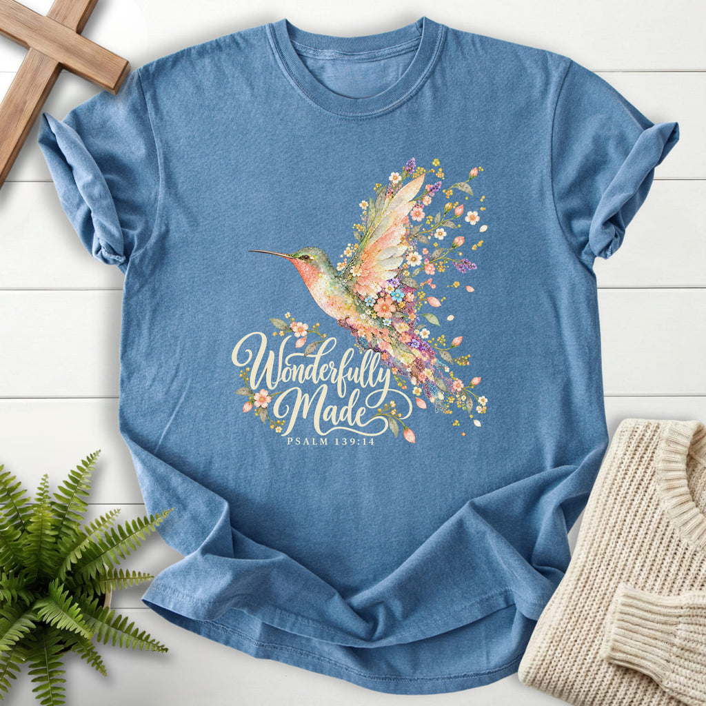 Blue Jean Wonderfully Made Hummingbird T-shirt flat lay mockup, Psalm 139:14 Christian apparel for women
