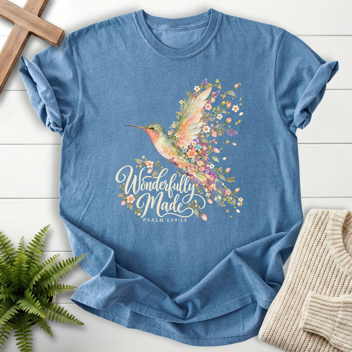 Blue Jean Wonderfully Made Hummingbird T-shirt flat lay mockup, Psalm 139:14 Christian apparel for women