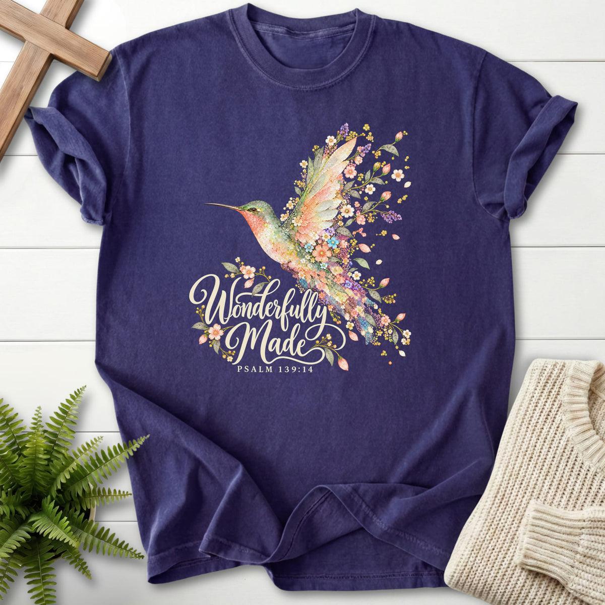 Grape Wonderfully Made Hummingbird T-shirt flat lay mockup, Psalm 139:14 Christian apparel for women